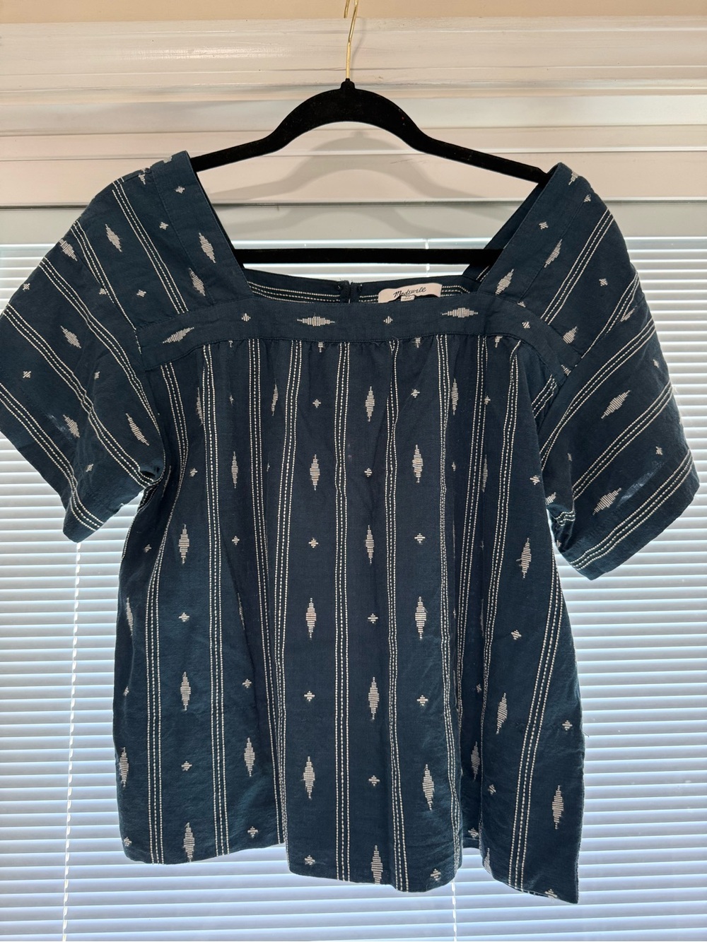 Madewell Indigo Blue Woven Stripe Square-Neck Blouse